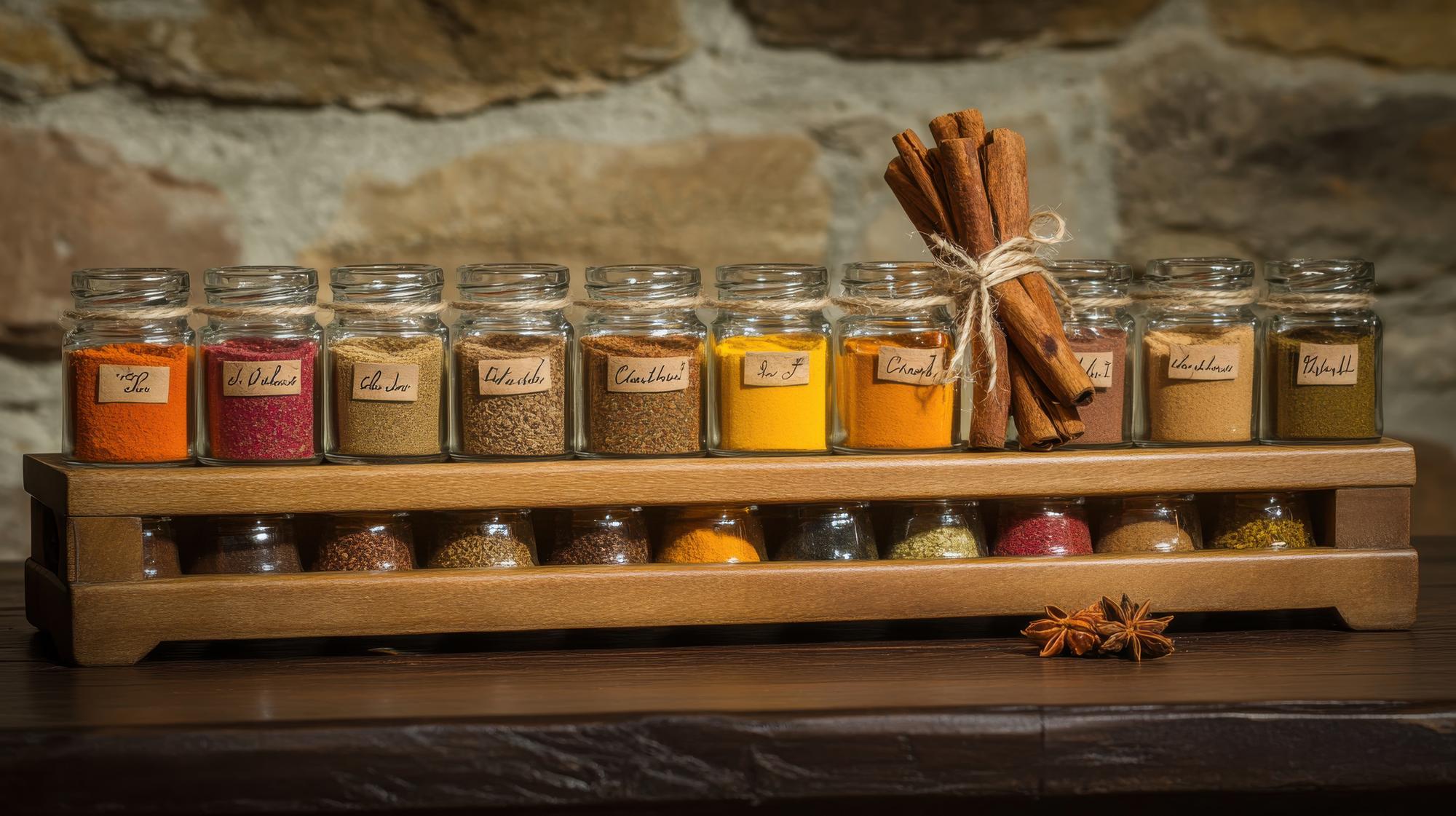 workbench with spices, labels and measuring spoons